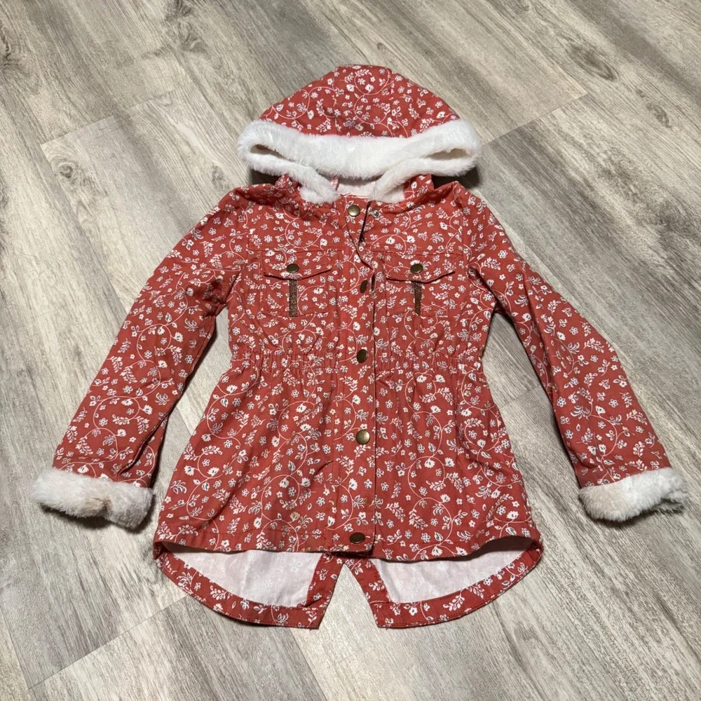 Little Lass Floral Hooded Jacket Faux Fur Trimmed Pockets‎ Girls Size 6